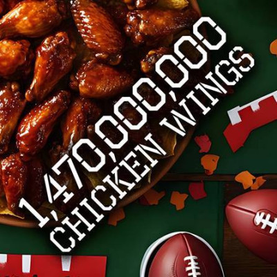 Graphic with chicken wings, statatistics, and footballs